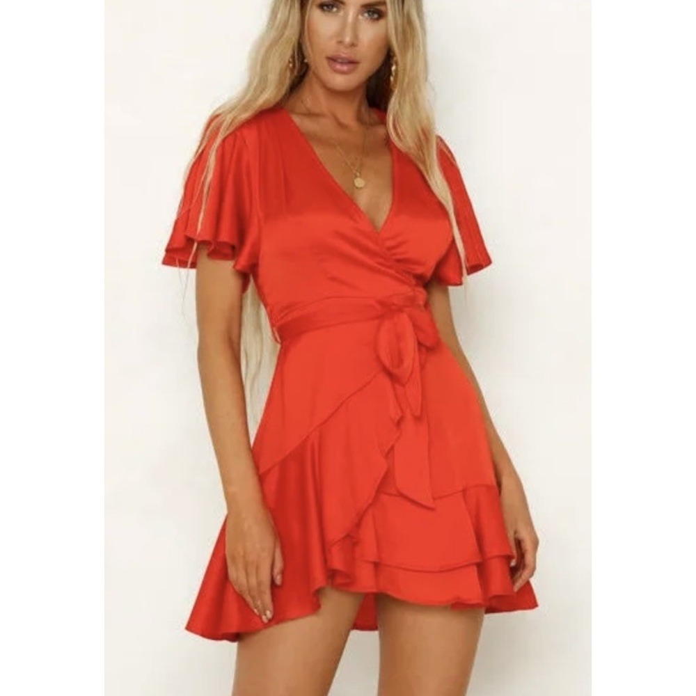 Hello Molly Red Satin Faux Wrap Ruffle Mini Dress Short Flutter Sleeve NWT US‎ 2